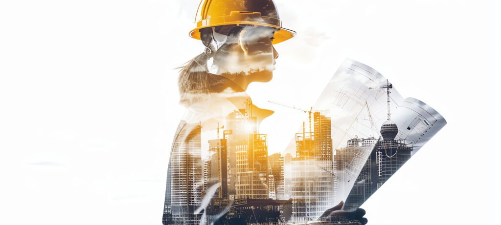 Services double exposure of an engineer holding blueprints and a city skyline, ai generated